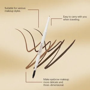 Detail view of a white dual-ended eyebrow pencil showing brush and various brown color swatches