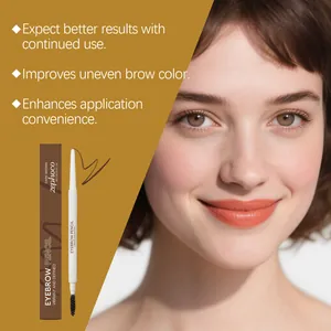 Detail view of Zephoco dark brown eyebrow pencil with professional model makeup look.