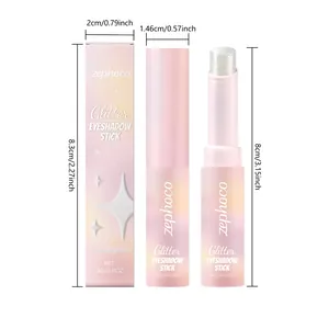 Detailed dimensions of zephoco glitter eyeshadow stick and packaging with pink gradient design