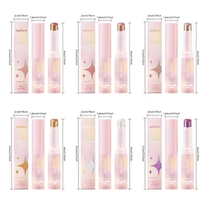 Set van zes glinsterende glitter oogschaduwsticks met gedetailleerde afmetingen en kleurkeuzes