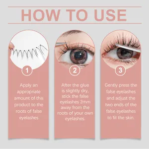 Detailed three-step visual guide for applying false eyelash glue to achieve a natural look
