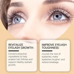 Detailed view of long eyelashes with text explaining serum benefits for growth and care