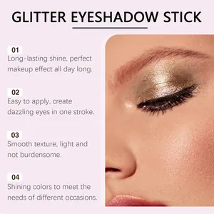 Close-up view of glittering gold eyeshadow stick makeup with long-lasting feature text