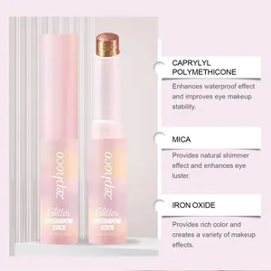 Detail of glitter eyeshadow stick highlighting caprylyl polymethicone and mica ingredients.