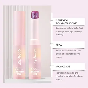 Detail des ZEPHOCO lila Glitzer-Lidschattenstifts mit Inhaltsstoffen und Schimmereffekt