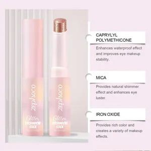 Zephoco glitter eyeshadow stick ingredients detail with mica and iron oxide benefits.
