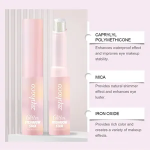 Detailed view of ZEPHOCO glitter eyeshadow stick showing ingredients and shimmering finish.