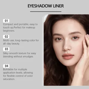 Detailed view of model wearing 2-in-1 eyeliner with product feature descriptions