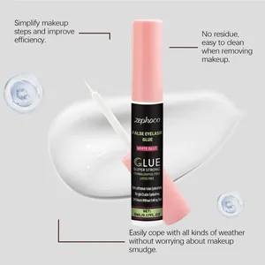 Detail macro view showing white ZEPHOCO false eyelash glue texture and key product features