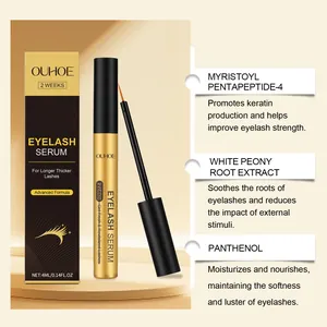 Detail view of OUHOE eyelash serum showing ingredients like peptides and peony extract