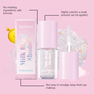 Detailed view of ZEPHOCO purple glitter liquid eyeshadow with applicator and packaging