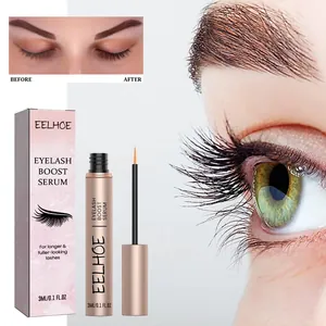 Close-up detail of EELHOE eyelash growth serum showing before and after comparison results