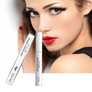 Close-up view of EELHOE lash boost serum packaging shown with professional makeup model