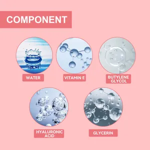 Lista detallada de ingredientes con agua, vitamina E y ácido hialurónico en burbujas