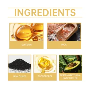 Infografica che mostra gli ingredienti chiave dell'ombretto liquido tra cui olio di avocado