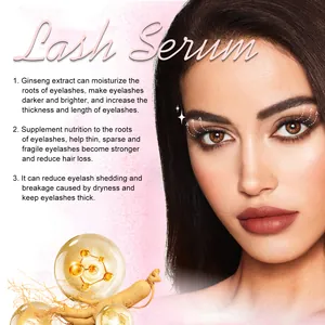 Detailed benefits of lash growth serum featuring ginseng extract and long lashes.