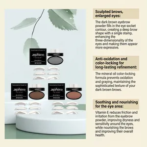 Detail showing features of Zephoco waterproof eyebrow powder stamp set and three shades