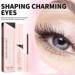 Detail view of EELHOE eyelash serum showing long curly lashes and fine applicator brush