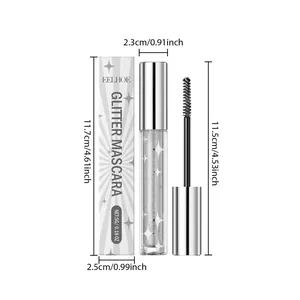 Productafmetingen en setweergave van zilveren glittermascara-tube en verpakking