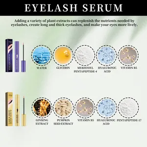 Detaillierte Übersicht der Inhaltsstoffe des Wimpernserums wie Ginseng und Vitamine