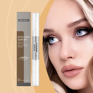 Detailansicht der EELHOE Wimpernserum-Verpackung neben Model mit langen dichten Wimpern.