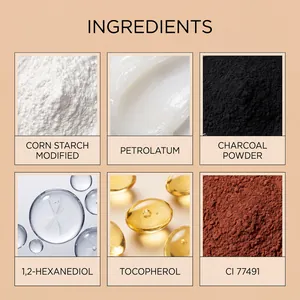 Detailed view of eyebrow pencil ingredients including charcoal powder and tocopherol