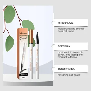 Detail view of 4-claw liquid eyebrow pencil with ingredient breakdown for black shade.