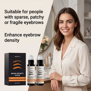 Zephoco brow growth serum packaging and roll-on bottles displayed with a female model.