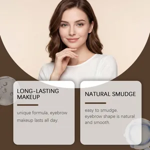 Modelo mostrando cejas naturales de larga duración con un kit de sello para cejas marrón claro.