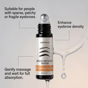 Rosemary eyebrow growth serum roller bottle with clear liquid droplet macro view