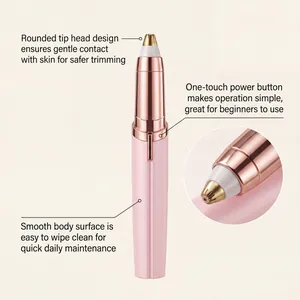 Detalle de las funciones de un depilador de cejas rosa con punta dorada redondeada.