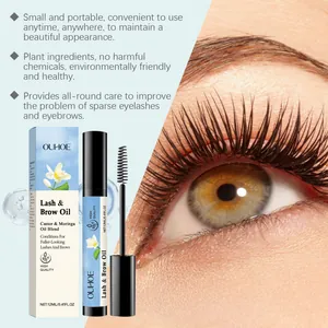 Close-up of long eyelashes and product packaging for OUHOE lash and brow nourishing oil.