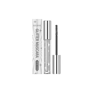 Zilveren glitter mascara met applicator en verpakking voor een sprankelende feestelijke ooglook.