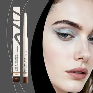 Detailed view showing gray matte waterproof gel eyeliner pencil and the makeup effect