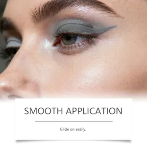 Close-up detail of grey matte waterproof eyeliner showing smooth winged application