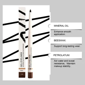 Detailed feature highlight of black matte gel eyeliner listing key ingredients and benefits.