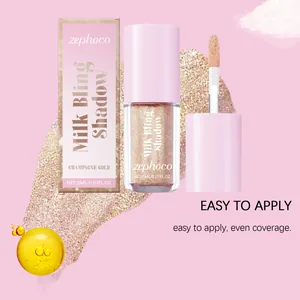 Champagne gold liquid eyeshadow detail showing glitter texture and pink packaging.