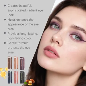 Close-up of model wearing purple eyeshadow liner with product lineup and key benefits