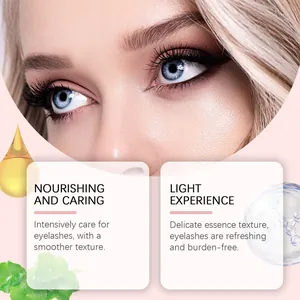 Nahaufnahme von Wimpern mit Text, der die nährende und leichte Essenztextur hervorhebt.