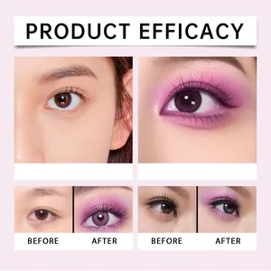 Nahaufnahmen von Augen-Make-up mit schimmerndem lila Lidschatten vor und nach der Anwendung