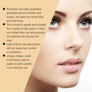 Eyelash serum detail showing long curled lashes and gentle formula product benefits.
