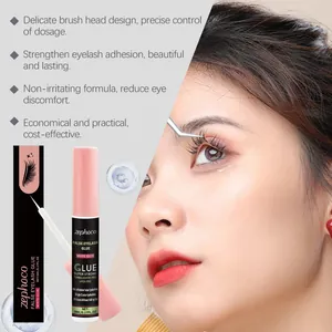 Close-up of Zephoco false eyelash glue with application demonstration by model.
