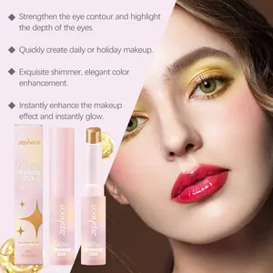 Detail of Zephoco gold glitter eyeshadow stick with model eye makeup demonstration.