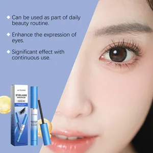 Detailansicht von verlängerten Wimpern mit Jaysuing Wachstumsserum und Produktbox