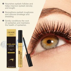 Detail showing OUHOE eyelash serum bottle with macro view of long and dense lashes