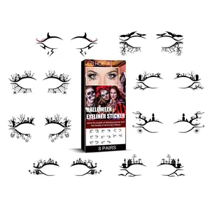 Detailed view of 8 pairs Halloween eyeliner stickers with bat and spider web designs