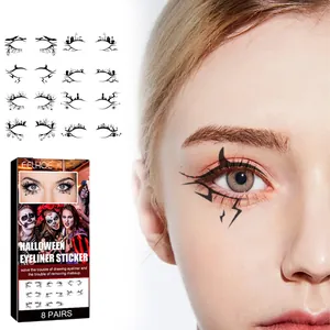 Close-up of Halloween eyeliner sticker with bat wing design applied on model's eyelid