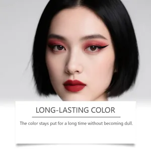 Detail of vibrant red glitter liquid eyeshadow on an Asian model's eyes