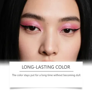 Close-up of pink glitter liquid eyeshadow on eyelids with long-lasting color effect