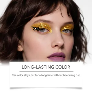 Detailed view of vibrant glittery gold liquid eyeshadow applied on a model's eye